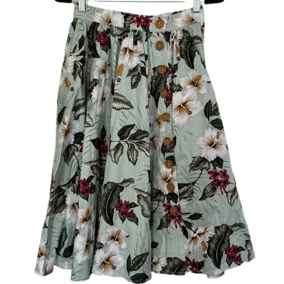 NWT HELL BUNNY RETRO 50S VINTAGE STYLE GREEN FLORAL TAHITI SKIRT SIZE SMALL - Picture 6 of 15